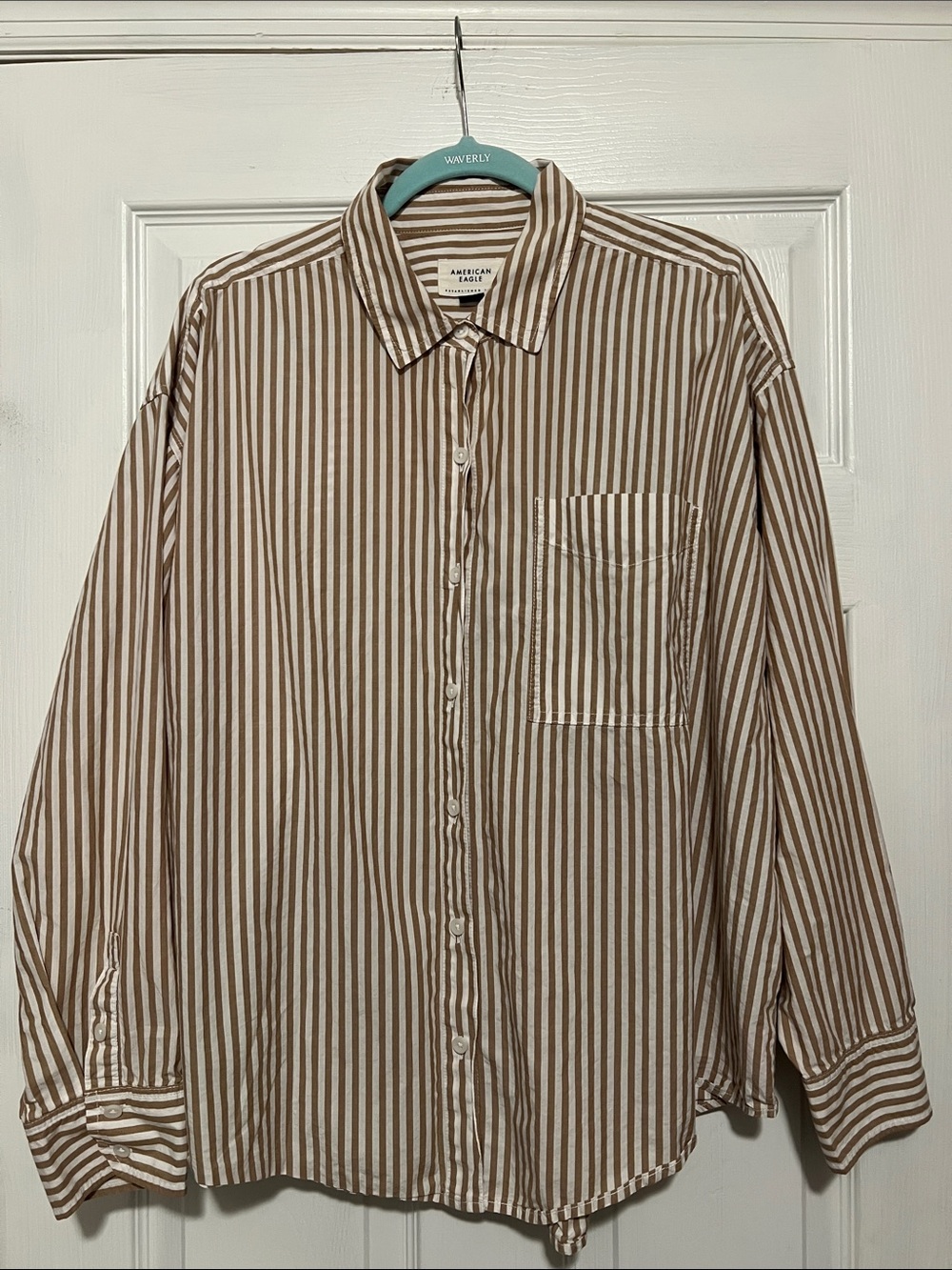 American Eagle Outfitters Tan and White Vertical Stripe Button-Down Shirt